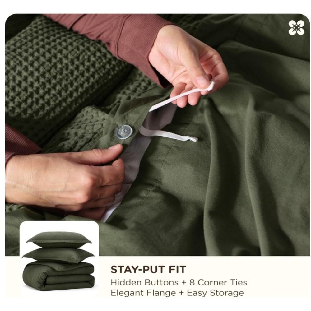 Bedsure Cotton Waffle Duvet Cover Set Olive Green King 3pc NEW - Picture 4 of 6